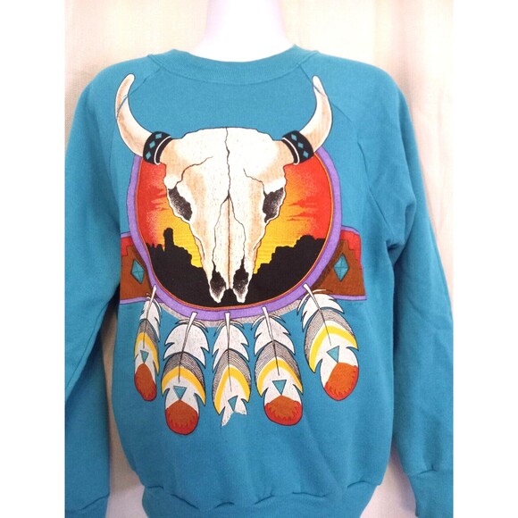 Vintage 90's Aqua Cow Skull/feathers Sweatshirt Made in USA Size Medium - Picture 2 of 3